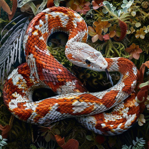 Corn snake with intricate scale patterns against moss