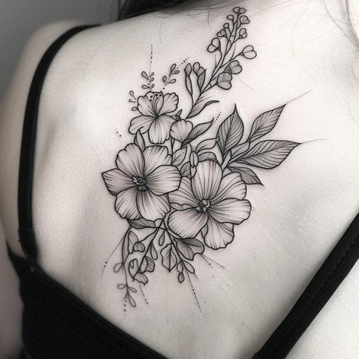 Blackwork tattoo of flowers and leaves on white