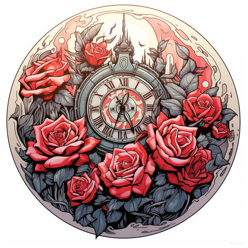 Clock of roses, traditional Japanese ink painting style
