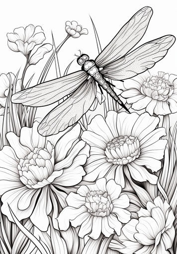 Flowers with a dragonfly, in the style of rectangular fields