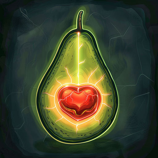 Flat tattoo sketch of an avocado with a neon heart core