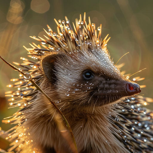 Hedgehog spines adorned with tiny glistening dewdrops