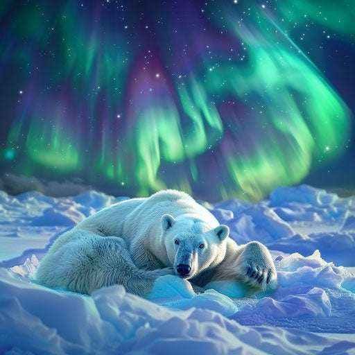 Polar bear resting on a bed of snow with the aurora borealis