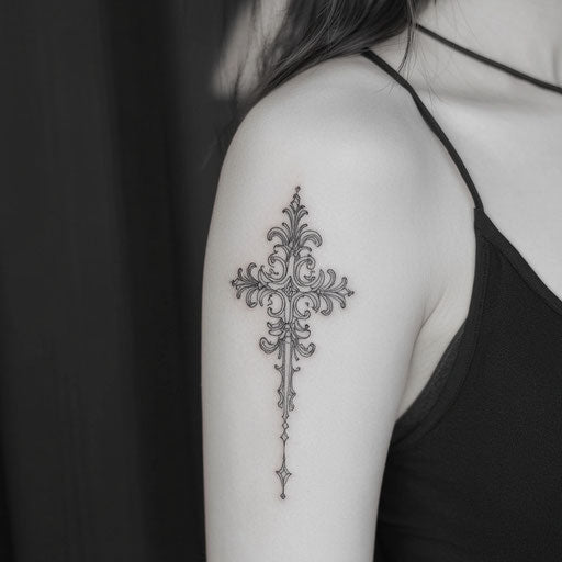 Tricep tattoo of an ornate gothic cross in the style of Ami James