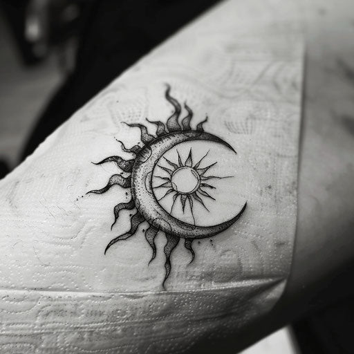 Minimalist tattoo sketch of a crescent moon cradling the sun, monochrome palette