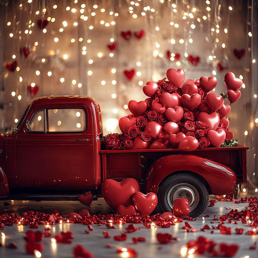 Vintage red truck filled with heart-shaped balloons and roses