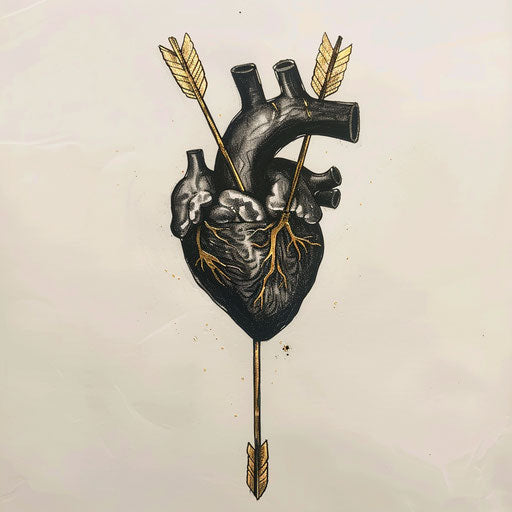 Black heart pierced by golden arrow, tattoo sketch
