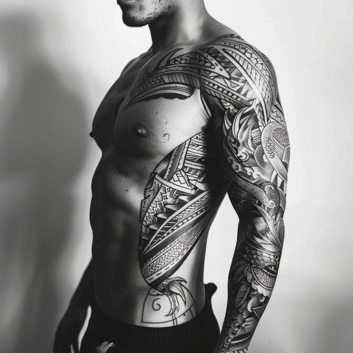 Rib tattoos for men, tribal elements, Ami James style