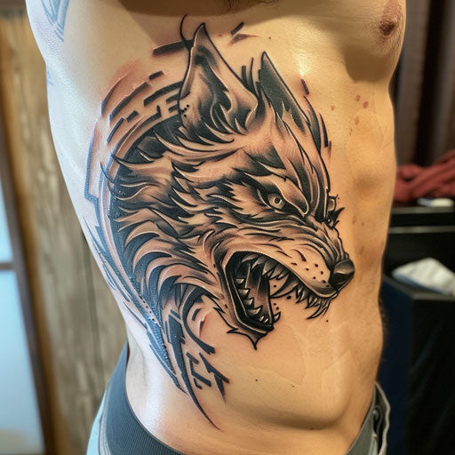 Rib tattoos of a tribal wolf, Glenn Fabry style on ribs