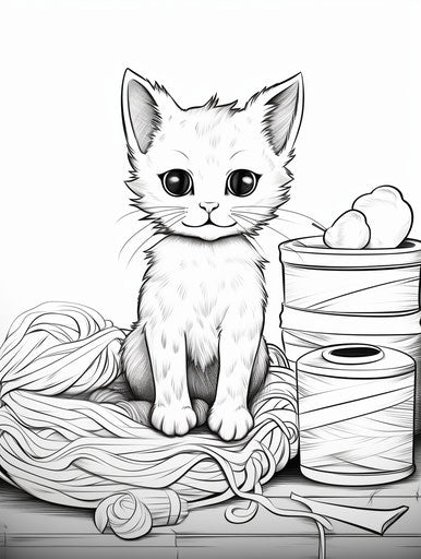 Cartoon kitten next to yarn, meticulous inking style