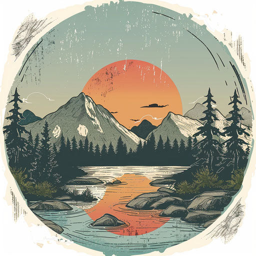 Tattoo sketch of serene landscape with mountains and lake