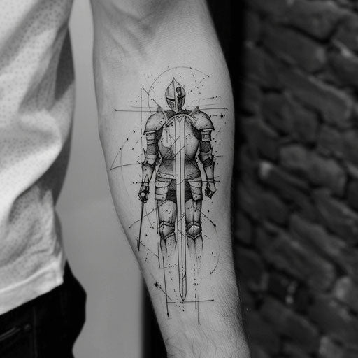 Simple tattoos for men of a knight, in the style of Glenn Fabry