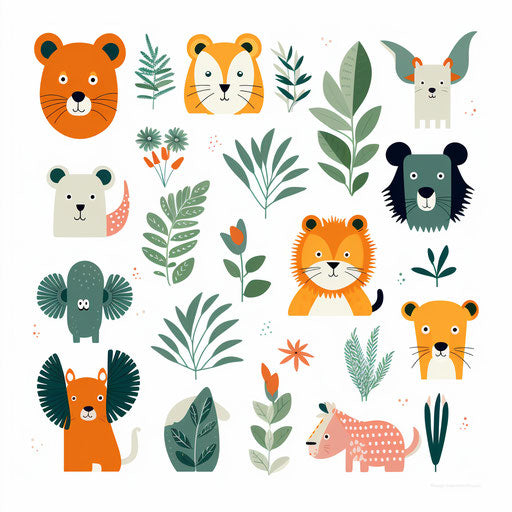 Jungle animals in Minimalist style on white background