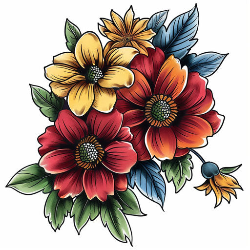 Vibrant flower bouquet in flat tattoo clipart style