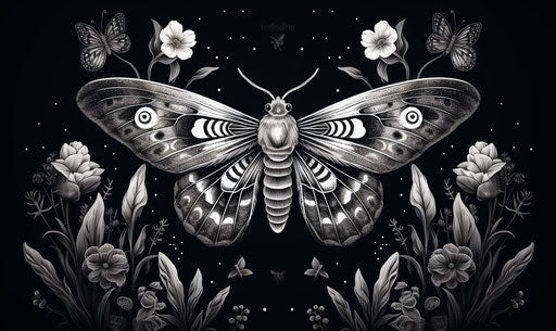Black and white tattoo style moth sketch