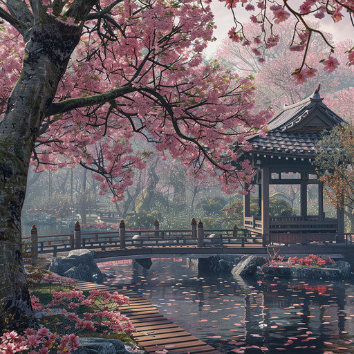 Peaceful garden with cherry blossoms