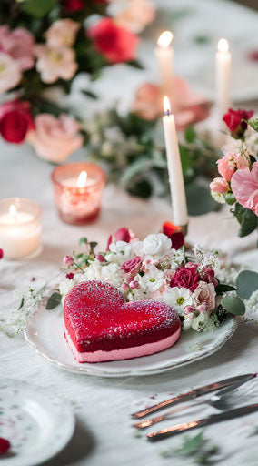 Valentine's Day table decor with heart-shaped cake, flowers and candles.