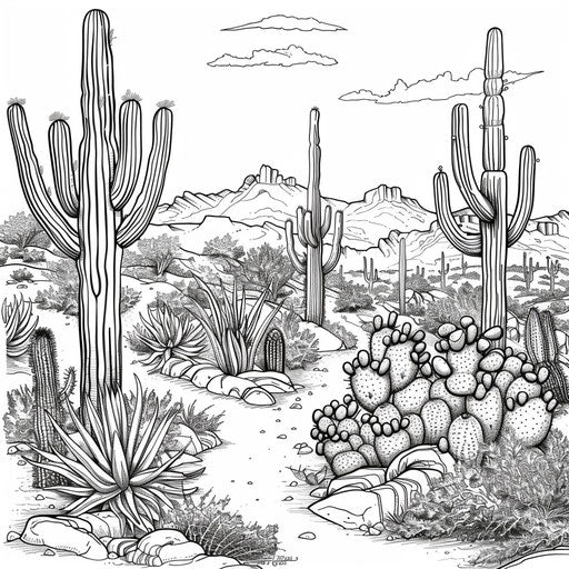 Lush desert with detailed cacti - Coloring book page