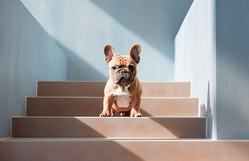French bulldog in front of stairs, light maroon and light brown, light brown and dark blue style 17:11