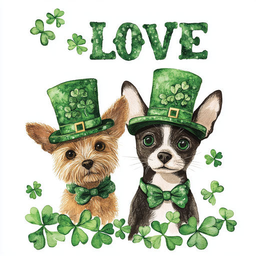 Love with dog and cat in green hats on white background