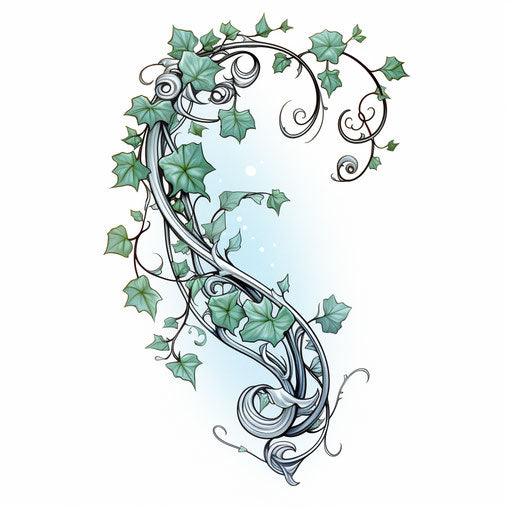 Ivy tattoo with blue moon and flowers, light green and silver style, cute design