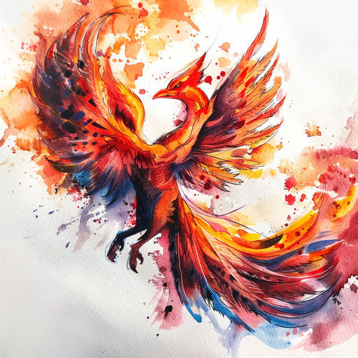Vibrant tattoo design of a phoenix rising from ashes