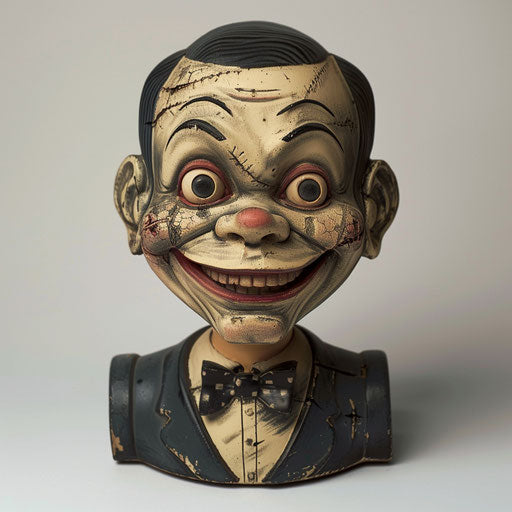 Creepy ventriloquist dummy with a sinister smile