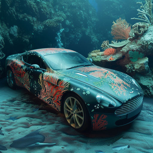 Underwater Aston Martin DB7 Zagato with coral and fish