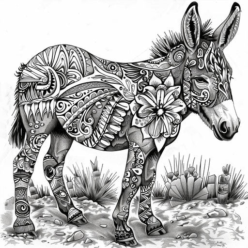 Complex illustration of a donkey with abstract designs