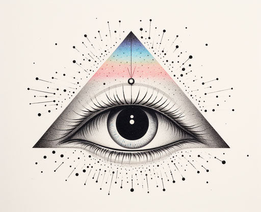 Black eye with rainbow beams on white background