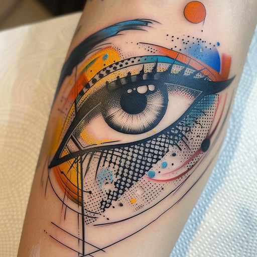 Pop art Eye of Horus tattoo with bold colors on white background