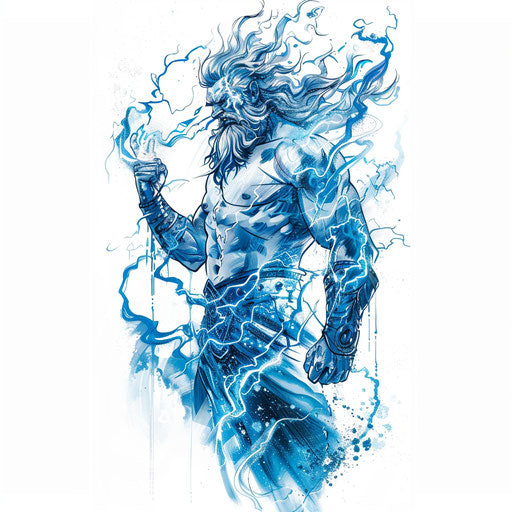 Vibrant Zeus tattoo wielding lightning bolt