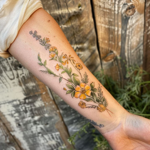 Wildflower tattoo on forearm, elegant design