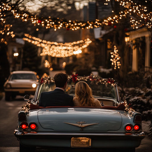 Couple's photoshoot in vintage car decked out for Christmas