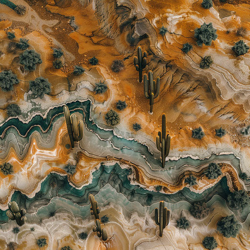 Aerial view of desert landscape with cacti