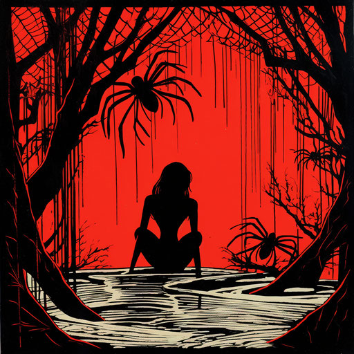 Black widow spider drawing, Don Blanding style, negative space