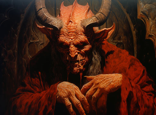 Animated devil with horns out, gif style, dark orange tattoo