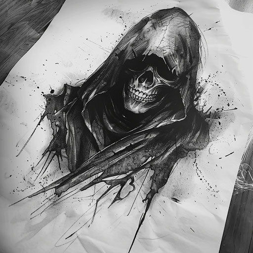 Terrifying death tattoo, horror grim reaper face on white paper