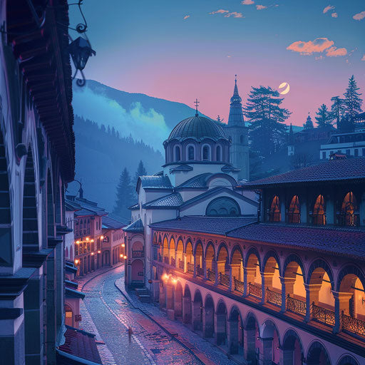 Rila Monastery at twilight with soft colors blending