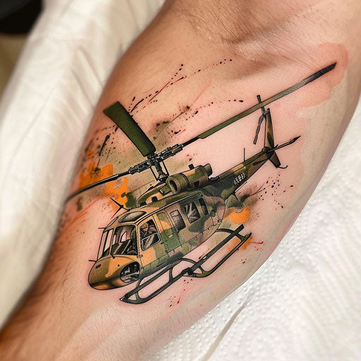 Vibrant color tattoo of a military helicopter with camouflage patterns