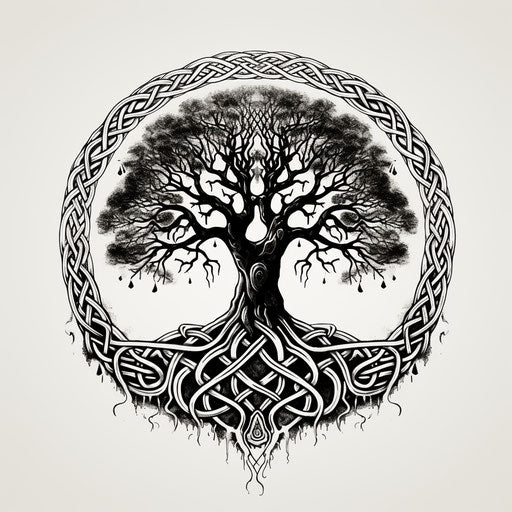 Black and white Celtic tattoo design Thor symbol with tree