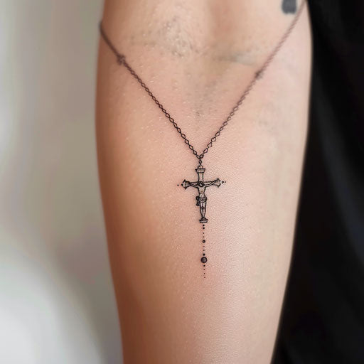 Minimalist tattoo design with rosary and elegant cross