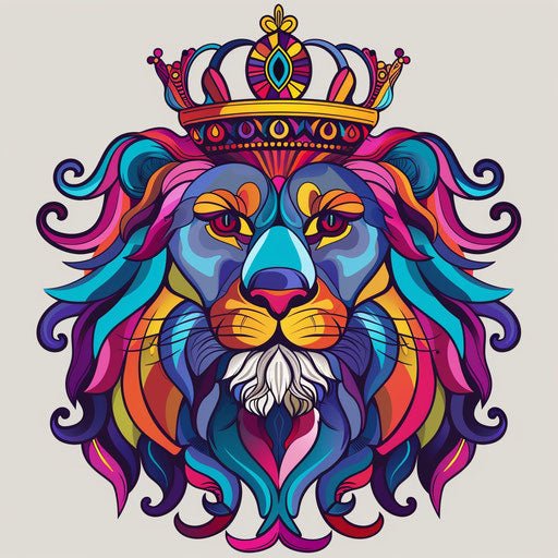 Flat tattoo sketch of lion with crown, colorful and cheerful