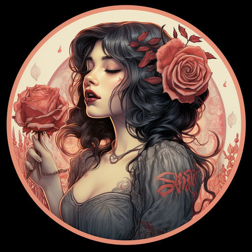 Girl with black hair and rose tattoo