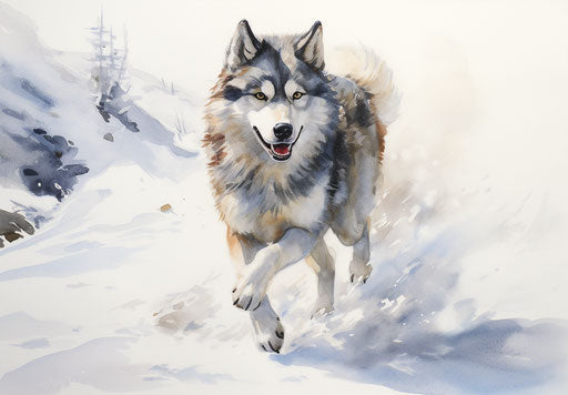 Husky dog running in silver and navy snow