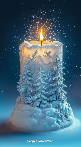 White candle illuminating snowy winter landscape