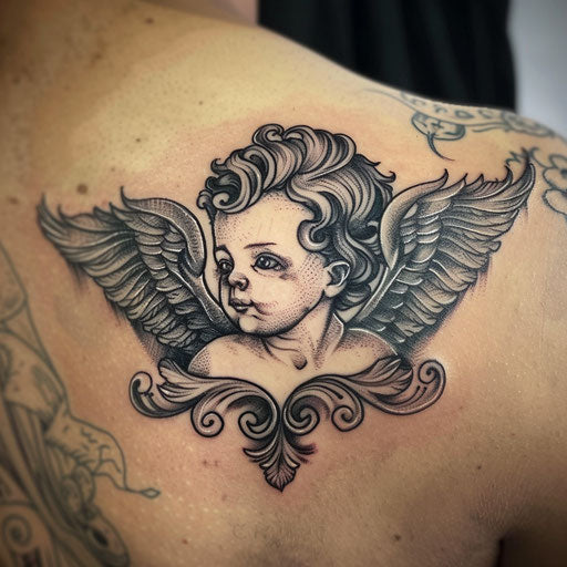 Cherub tattoo in tribal style on white background