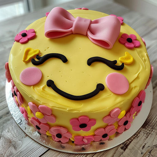 Yellow round cake with smiling face, winking eye, and pink bow