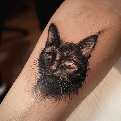 Realistic black cat tattoo on white background