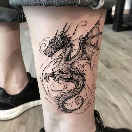 Ankle tattoos in the style of David Palumbo with a mystical dragon